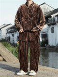 Men's 2Pcs Autumn Chinese Loong Printed Velvet Frog Button Long Sleeve Outfits
