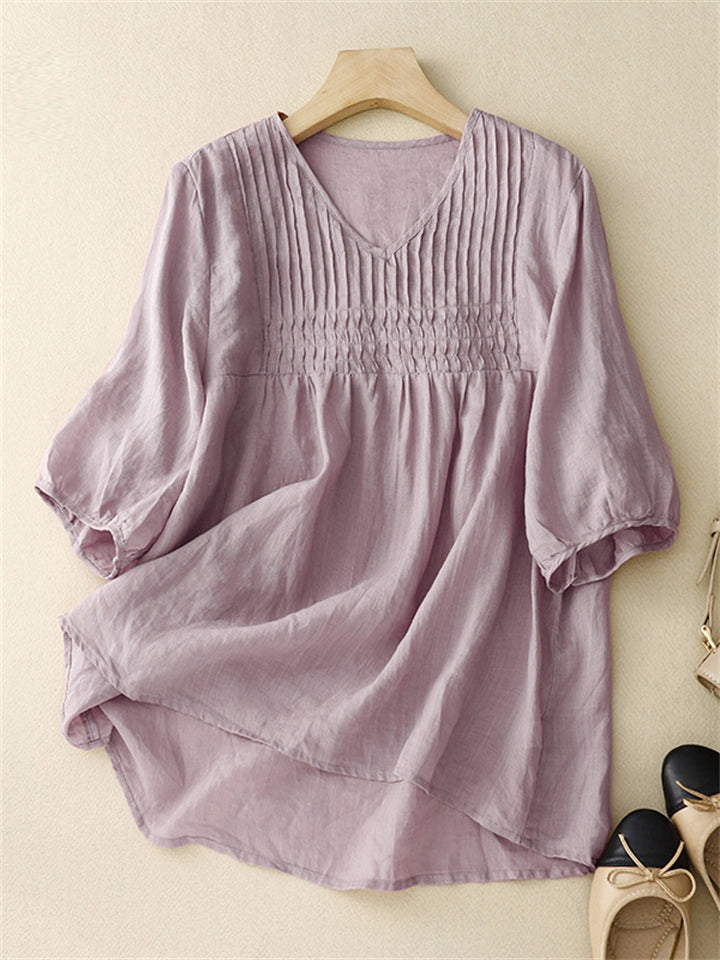 Women's Summer Casual  Solid Color V Neck Half Sleeve Shirt