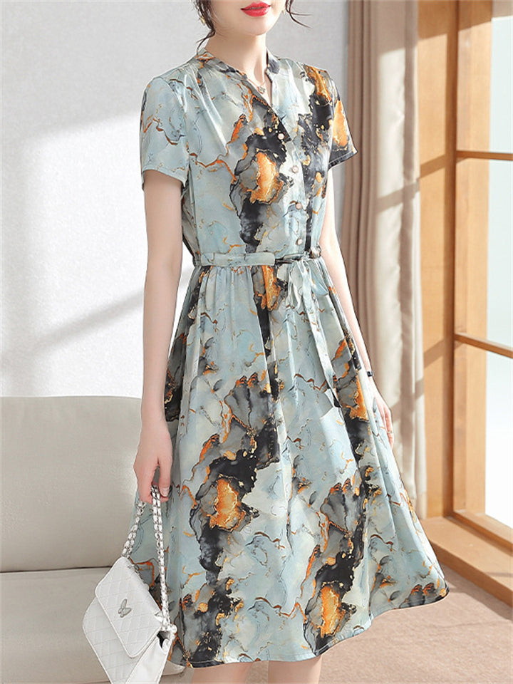 Women's Summer Print Short Sleeve Tie-waist Dress
