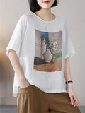 Summer Casual Cotton Linen Painting Print Round Neck T-shirt for Women