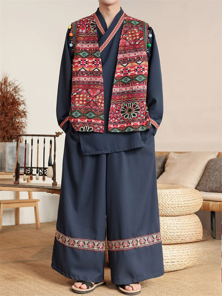 Mens Spring Loose Fit Chinese Ethnic Style Print Set of 3 Traditional Outfit