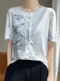 Summer Casual Print Round Neck Button Up T-Shirts for Women