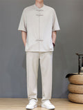 Men's 2Pcs Comfy Stand Collar Short Sleeve Solid Color TangSuit Outfits