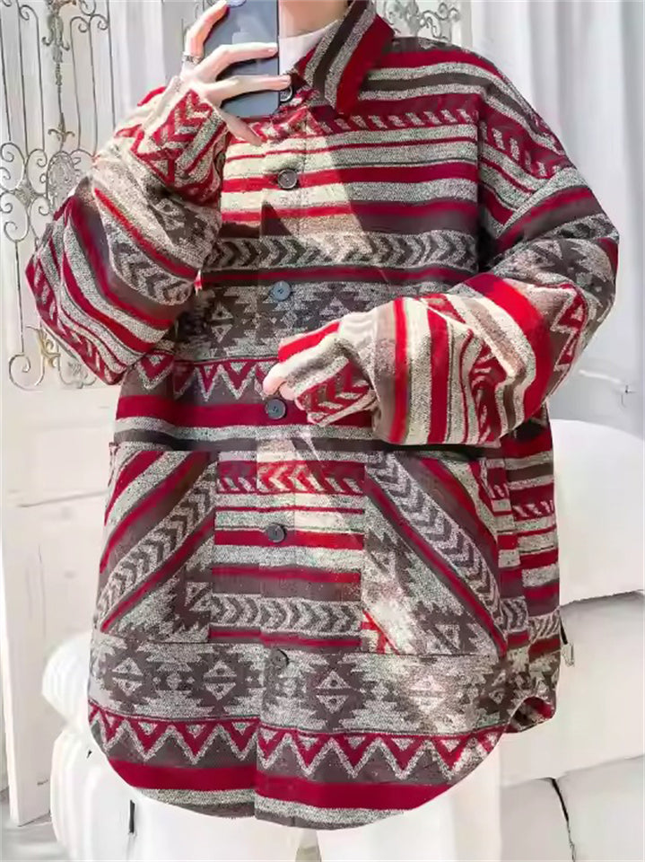 Retro Loose Stripe Long Sleeve Woolen Pockets Jacket for Men