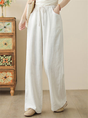 Women's White Solid Color Drawstring Drape Wide Leg Pants
