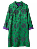 Chinese Style Green Jacquard Lapel Long Sleeve Dress for Women