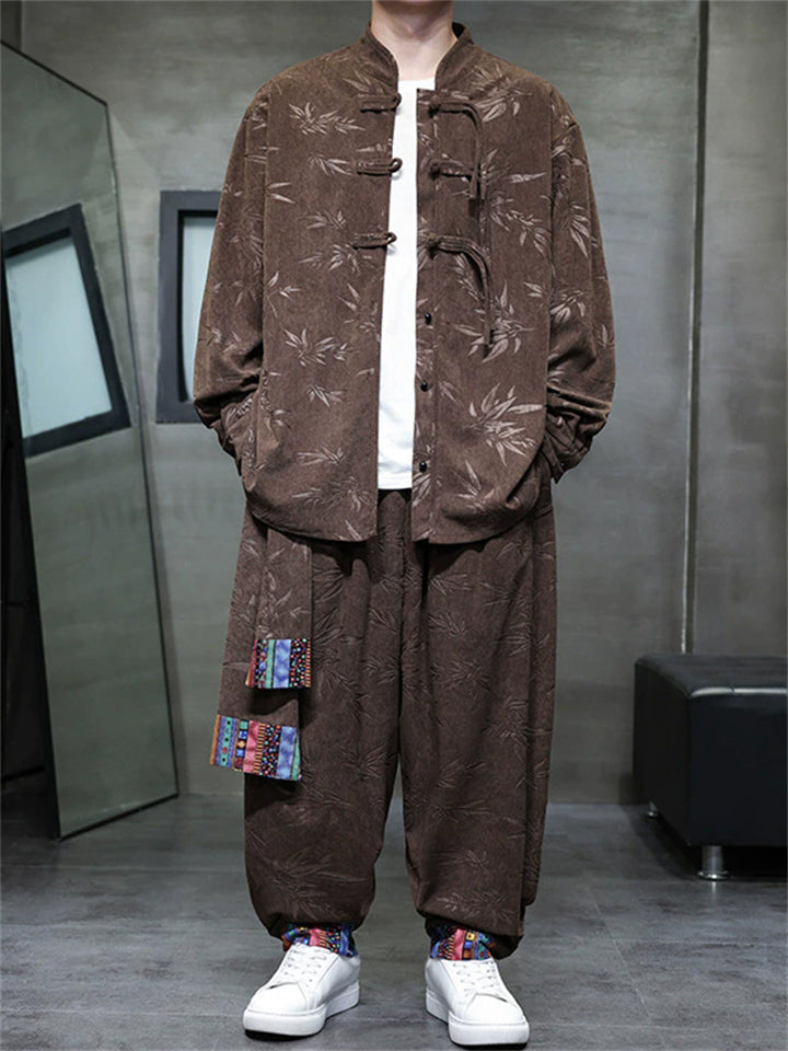 Chinese Ethnic Style Corduroy Button Leaf Pattern Jacket  and Loose Drawstring Pants Set for Men