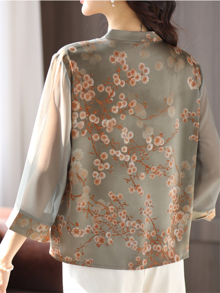 Women's Summer Mulberry Silk 3/4 Sleeve Floral Print Shirts