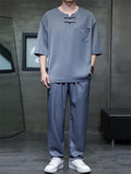 Men's 2Pcs Cool Casual Quarter Button Round Neck TangSuit Outfits