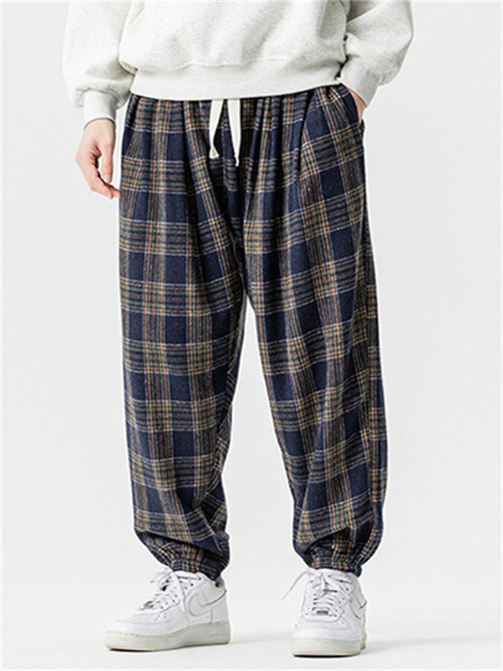 Men's Japanese Style Retro Loose Fit Elastic Waist Checkered Joggers Pants