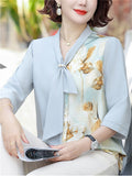 Elegant Flower Print Tie-Neck 3/4 Sleeve Top for Women
