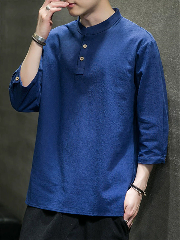 Men's Vintage Summer Solid Color 3/4 Sleeve Stand Collar Shirts