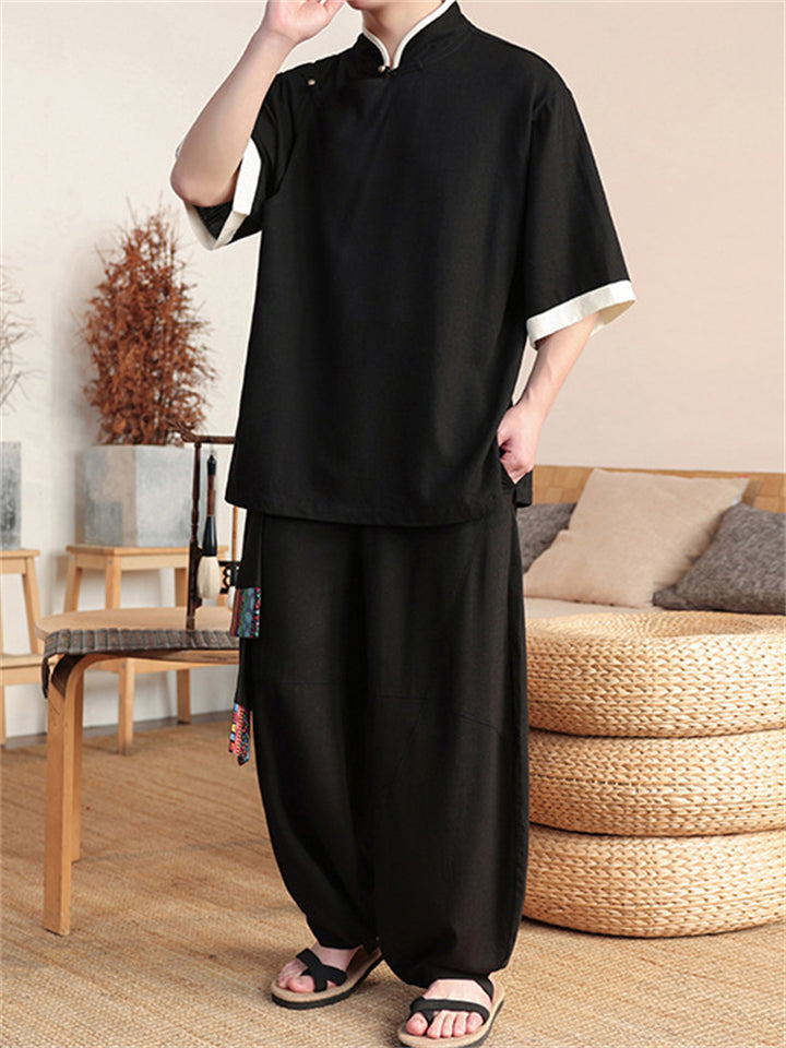 Ethnic Style Slant Opening Plate Buttons Linen Tops and Wide Leg Pants Set for Men