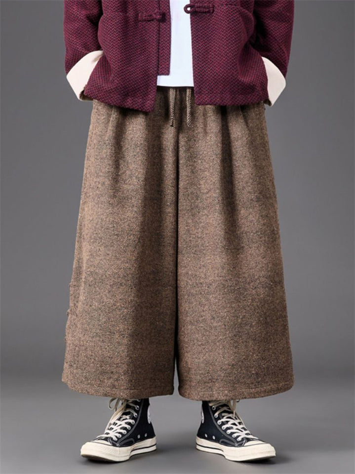 Men's Autumn Solid Color Drawstring Wide Leg Pants with Buttons Decor