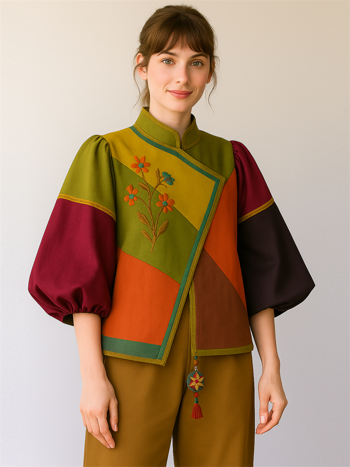 Oriental Patchwork Embroidered Lantern Sleeve Jacket