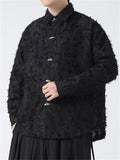 Man's Oriental Style Long Sleeves  All Black Button Printed Shirt