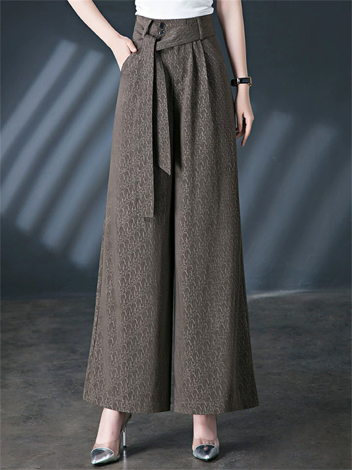 Women's Drape Jacquard High Waist Wide Leg Dress Pants with Belt