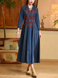Women’s Autumn Elegant V-Neck Embroidery Denim Pleated Dress