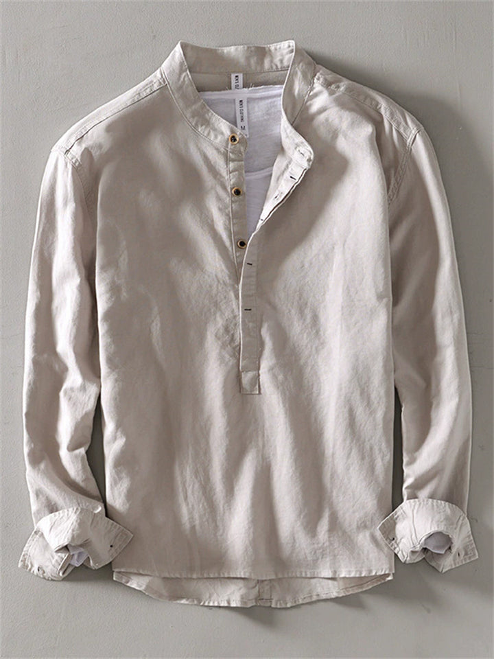 Men's Solid Color Cotton Linen Stand Collar Pullover Long Sleeve Shirts
