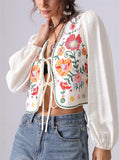 Women's French Style Flowers Embroidery Lace Up Cardigan Shirt