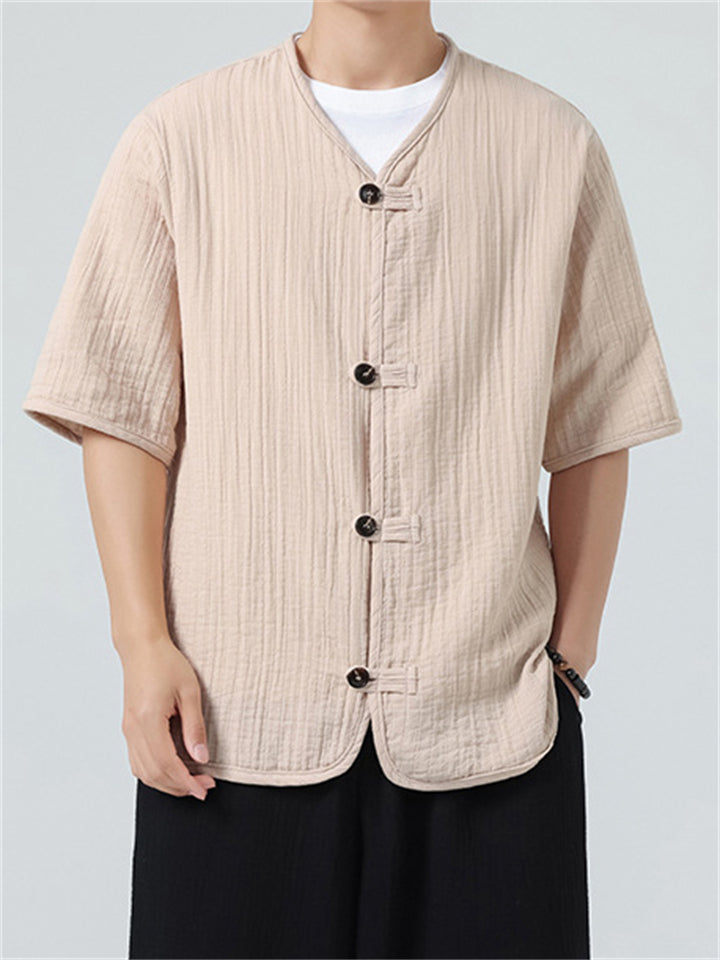 Retro Cotton Collarless Button Tang Suit Cardigan Shirt For Men