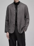 Men's Japanese Style Retro Tencel Solid Color Collarless Casual Suit Jackets
