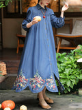Embroidered Cotton Button Polo Collar Loose Denim Dresses for Women