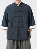 Chinese Style Contrast Color Short Sleeve Tang Suit Shirts for Men