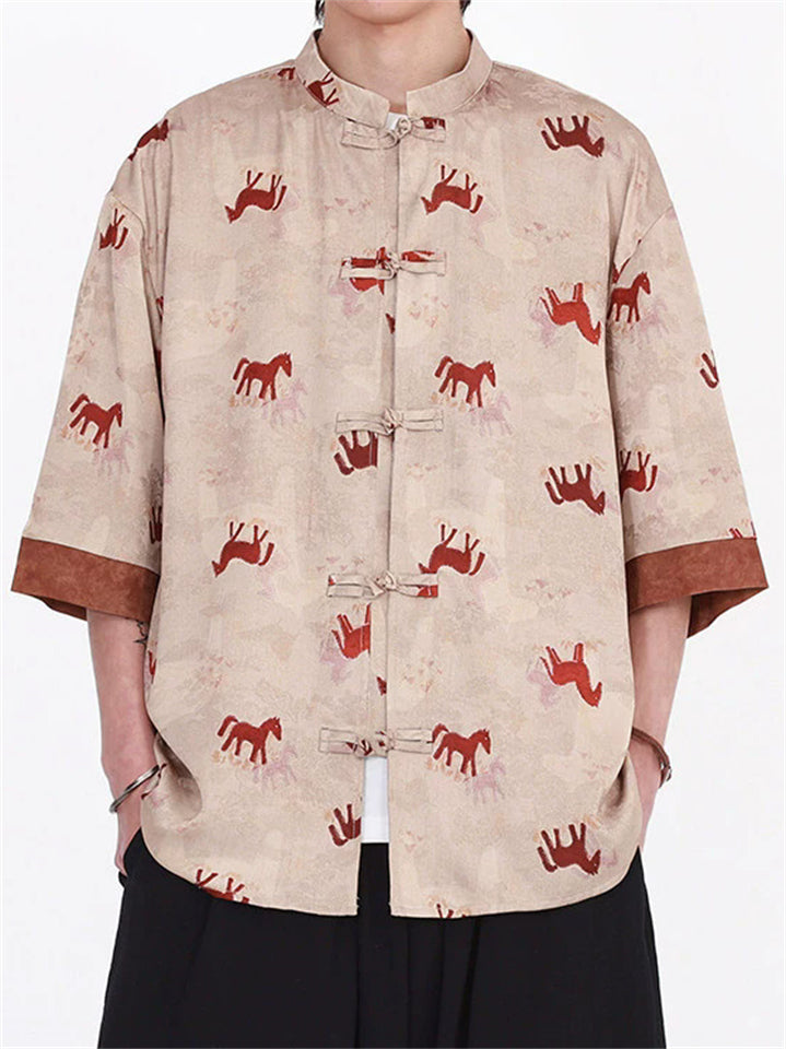 Men's Retro Horse Print Loose Fit Mandarin Collar Frog Button Shirts