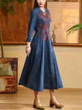 Women’s Autumn Elegant V-Neck Embroidery Denim Pleated Dress