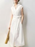 Female Summer French Style Cotton Short Sleeve Tie-Waist Midi Dress