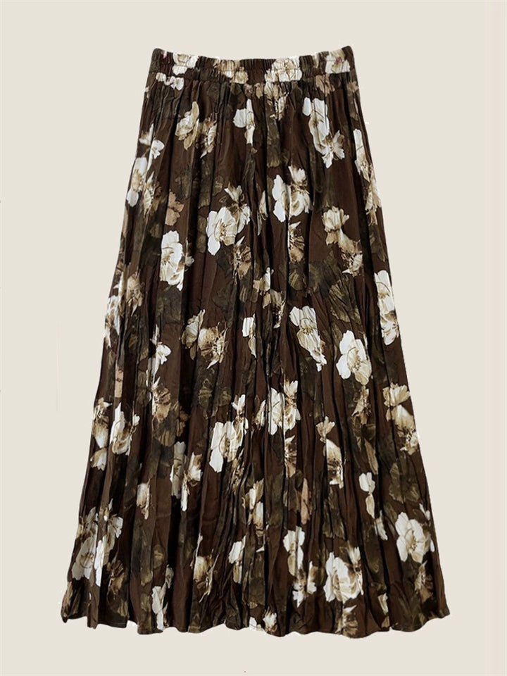 Women's Vintage Floral Printed Pleated Elastic Waist Big Hem Skirts