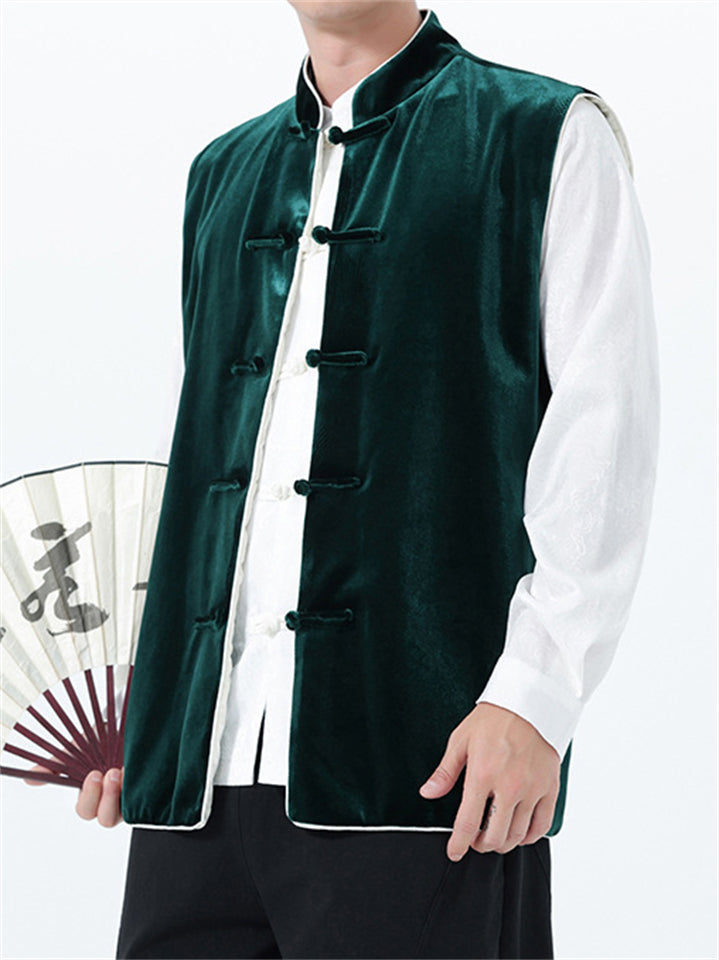 Men's Autumn Velvet Contrast Trim Sleeveless Frog Button Vest Jackets