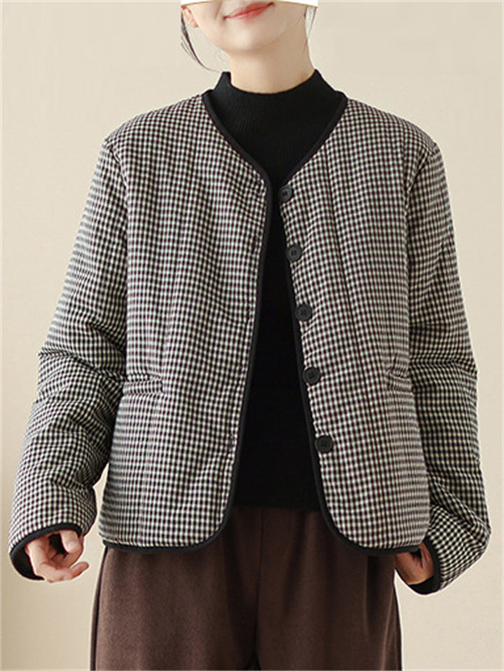 Women's Autumn Vintage Plaid Button Up Pockets Long Sleeve Coats