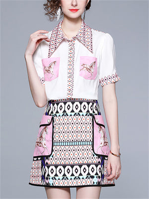 Women's 2Pcs Geometry Print Lapel Shirt & Skirt Set