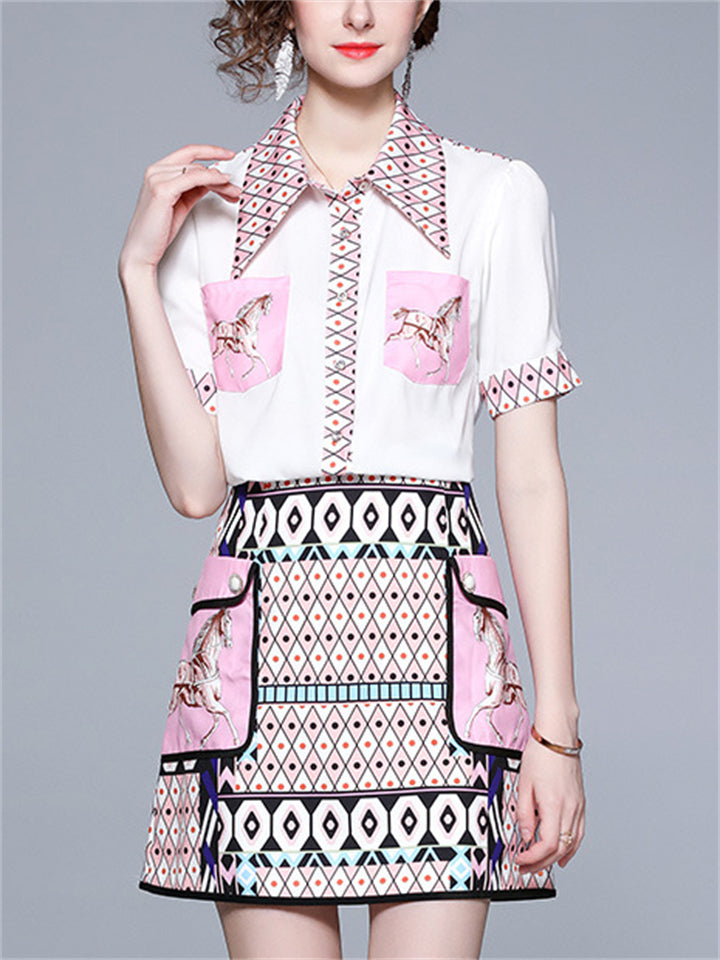 Women's 2Pcs Geometry Print Lapel Shirt & Skirt Set