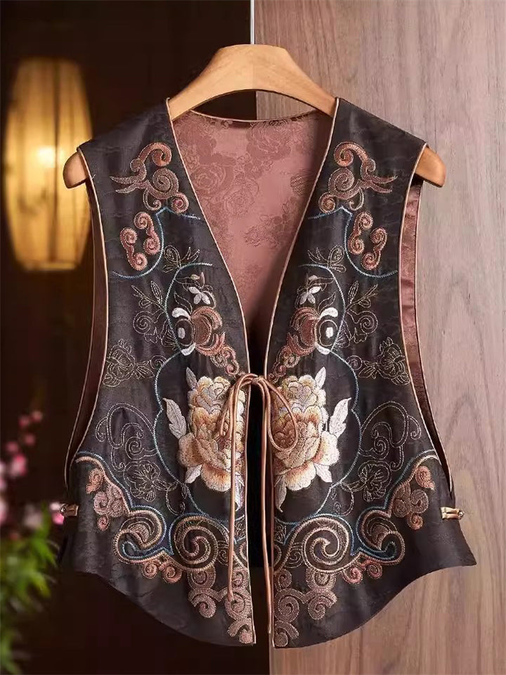 Women's Retro Chinese Style Coffee Flowers Embroidered Lace Up Vest