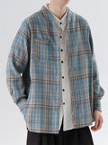 Men's Japanese Style Causal Collarless Loose Long Sleeve Plaid Shirts