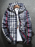 Men's Autumn Contrast Color Zip Up Plaid Hooded Long Sleeve Jackets