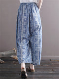 Women's Summer Blue Ethnic Style Printed Elastic Waist Wide Leg Pants
