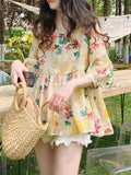 Women's Sweet Style Yellow Floral Printed Fluffy Half Sleeve Shirts