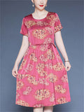 Women's Loose Floral Print Tie-waist O-neck Short Sleeve Dress