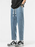 Men Lyocell Drawstring Loose Fit Straight Leg Denim Cropped Pants