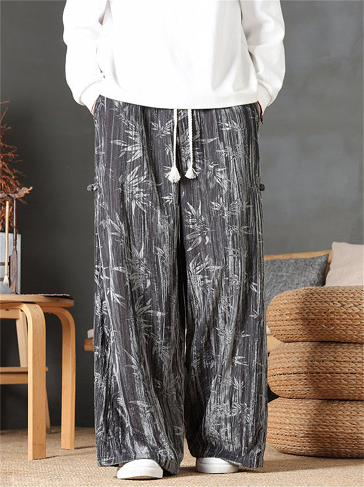 Men's Vintage Casual Bamboo Print Corduroy Drawstring Wide Leg Pants