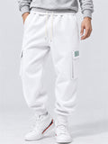 Men Fleeced Drawstring Elastic Waist Loose Fit Cargo Joggers Sweatpants