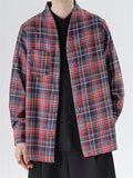 Men's Japanese Style Causal Collarless Loose Long Sleeve Plaid Shirts