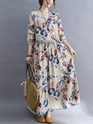 Bohemian Style Floral Print Oversized Women Holiday Long Dress