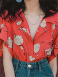 Female Summer Red Floral Print V-Neck Ruffled Sleeve Shirt