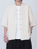 Men's Casual Simple Zen Style V Neck Frog Button Short Sleeve Shirts