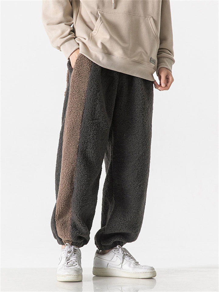 Men's Oversized Contrasting Color Ankle-tied Lamb Wool Pants